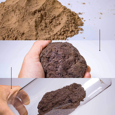 Pure and natural clay powder, an effective solution for enhancing terrarium soil texture, showcased in a minimalist, eco-conscious packaging.